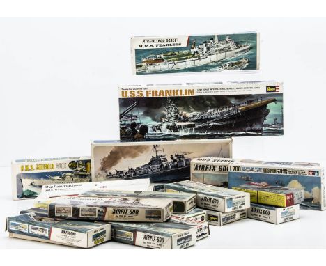 WWII and Later Naval Vessel Kits, mainly boxed, includes Airfix 1:600 scale F204S,  Amazon (2),  F202S Rommel, F35  Daring, F