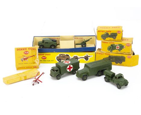 Military Dinky Toys, 697 25-Pounder Field Gun Set, 626 Military Ambulance, 677 Armoured Command Vehicle, 643 Army Water Tanke