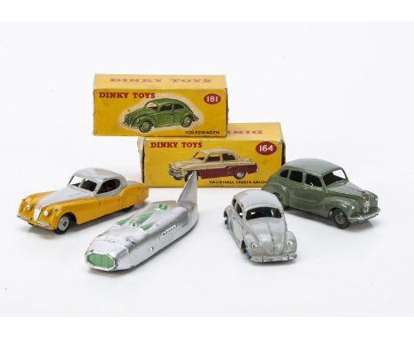 Dinky Toy Cars, 157 Jaguar XK120, yellow lower body, light grey upper and hubs, 152 Austin Devon, suede green body and hubs, 