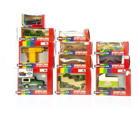 Boxed Britains Petite era Farm implements comprising 9412 Log Sled,  9507 Land Rover Defender 90, 9538 Rotary Tedder,9547 Fro