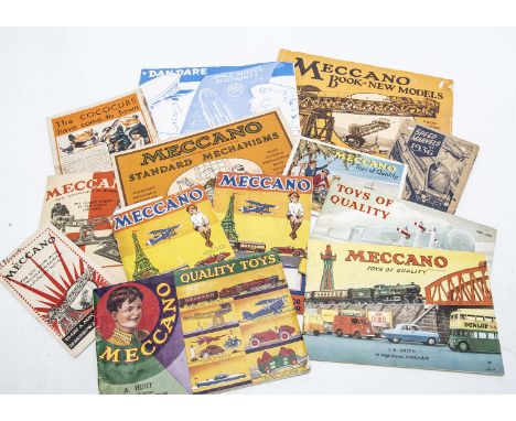 Meccano Catalogues including Hornby Trains Boats Dinky Toys and other Toys, Toys of Quality 1954-5 stamped Hamleys, 1938-9 st