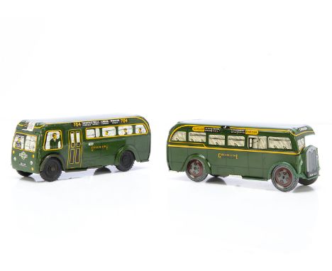 Pair of Wells Brimtoy large scale 7'' Tinplate clockwork and Friction Drive London Transport half and full cab Greenline Coac