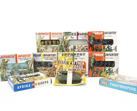 Vintage Airfix HO/OO Scale Boxed Figure Sets and a Carded Attack Force SP Gun, nine boxed WWII Sets, S18 48 Japanese Infantry