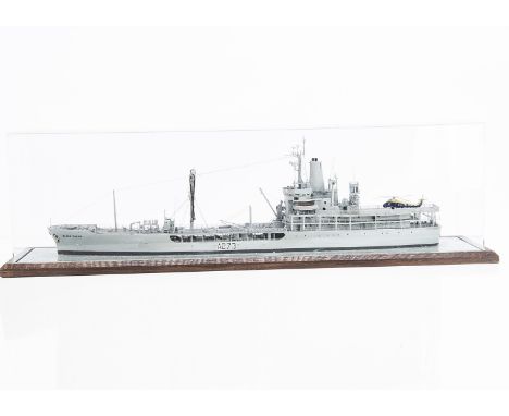 Large scale waterline model of a WWII RFA A273 'Black Rover', wood with metal detail, finished in Naval grey with good deck d