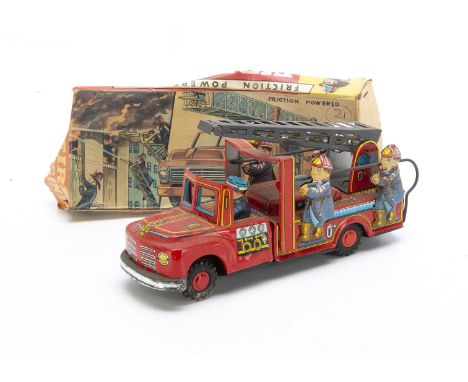 Japanese tinplate Friction Drive Fire Engine with ladder, tested well, in original box G-VG, box F, lid creased,