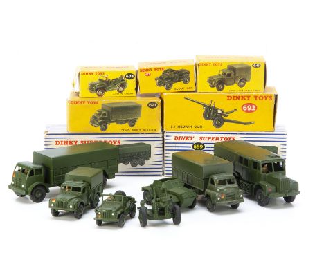 Military Dinky Toys, 689 Medium Artillery Tractor, 622 10-Ton Army Truck, 641 Army 1-Ton Cargo Truck, 674 Austin Champ, 673 S