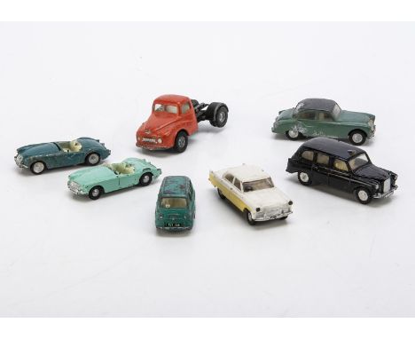 Playworn Tri-ang Spot-On, including Ford Zodiac, Armstong Siddeley Sapphire, Austin Taxi, MGA (2), Fiat Multipla and a Austin