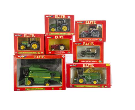 Britains boxed ELITE series farm models comprising 00174 Land Rover Series 1,  00175 John Deere 6410 Tractor, 04180 David Bro