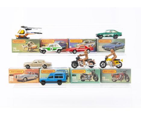 Late Issue Matchbox Superfast, 39 Rolls-Royce, 37 Matra Rancho, 18 Hondarora, 50 Harley Davidson, 21 Renault 5TL, 51 Pontiac 