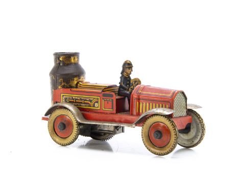 Arnold Germany tinplate clockwork Fire Engine with simulated fire spark action in the boiler, clockwork and spark action both