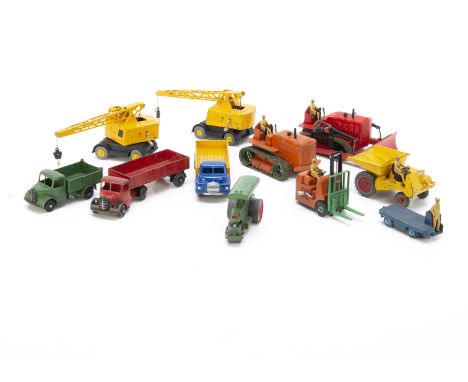 Dinky Toy Construction Vehicles, including Coles Mobile Crane (2), Muir Hill Dumper, Blaw Knox Bulldozer, Heavy Tractor, Cove
