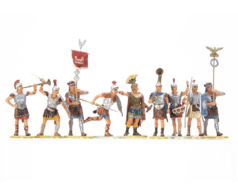 Elastolin 70mm scale plastic Romans,  2nd version painting, 5 pearlescent bases (1 detached from base), 2 swords missing, 1 b