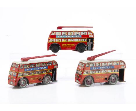 Three similar Wells of London and Wells Brimtoy tinplate 7'' London Transport Route 804 Trolleybuses all with slight variatio