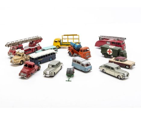 Playworn Dinky Toys, including 955 Fire Engine, 956 Turntable Fire Escape, 960 Albion Concrete Mixer, 626 Military Ambulance,