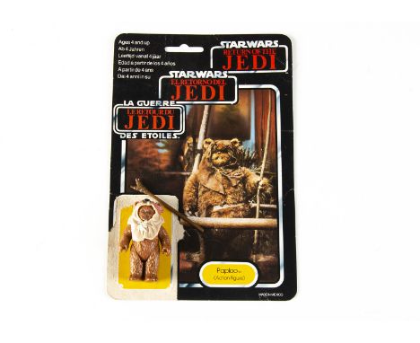 Vintage Star Wars Last 17 Paploo Action Figure, with original hood, staff and ROTJ tri-logo 70C cardback, E, cardback, F