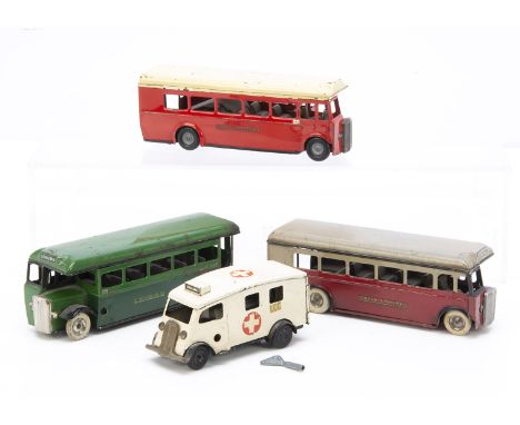 Three Tri-ang Minic tinplate clockwork and friction drive Single Deck half cab  Coaches and an Ambulance,  Greenline coach, i