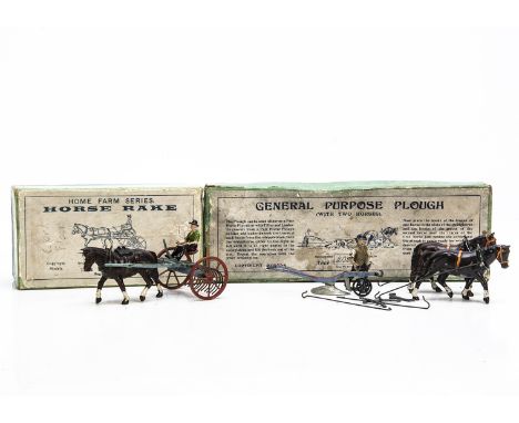 Boxed Britains pre WW2 version horse drawn farm implements comprising 6F General Purpose Plough and 8F Horse Rake, 6F complet