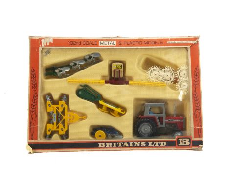 Britains 'straw box' version Massey Ferguson Tractor and Farm Implements boxed set 9592,  contents with only very minor playw