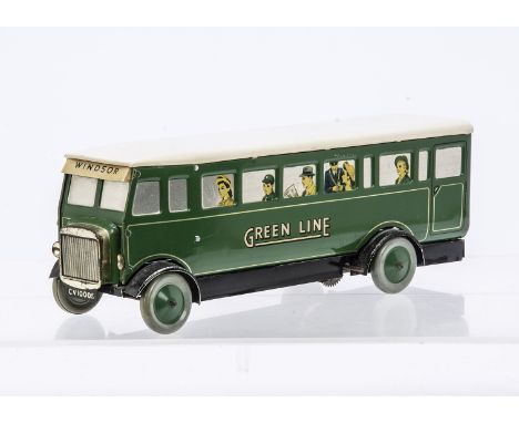Chad Valley 12'' Aluminium clockwork Greenline single deck bus, in green with white roof, Windsor on front, number plate CV10