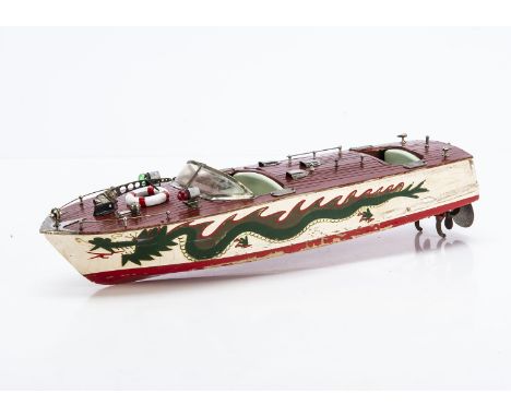 Japanese Wood construction Model Speedboat with electric Motor, white and red hull with large Dragon painted on both sides, r