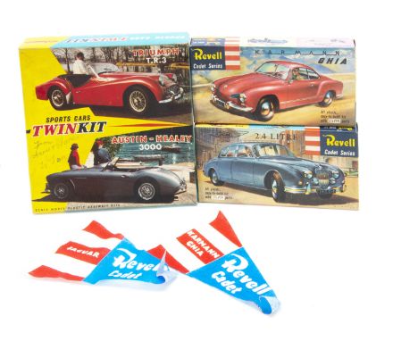 Revell Cadet Series and A Sports Car Twinkit by Playcraft Aurora, Revell Cadet Karman Ghia H901 (parts on sprues) and Jaguar 