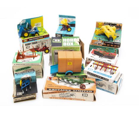 Britains boxed farm implements in early 'plinth' display boxes comprising 9530 Three-Furrow plough, 9534 Disc Harrow, 9535 Mu