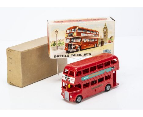 A Mettoy Plastic Double Deck Bus No.875, red body, friction drive motor, 'Will's', 'Esso', 'Player's Please', 'BP Super' and 