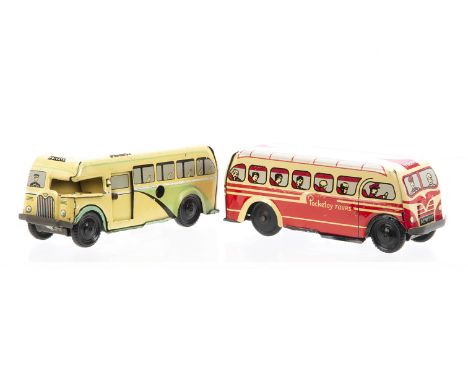 Uncommon Wells Brimtoy Pocketoy 518 Tinplate  Friction Drive and clockwork Single Deck Bus Coaches,  in red and cream, fricti