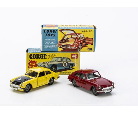 Corgi Toys 327 M.G.B GT, dark red body, light blue interior, wire wheels, black suitcase, 345 M.G.C G.T Competition Model, ye