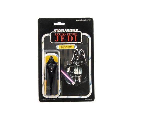 Vintage Star Wars Palitoy ROTJ Darth Vader Action Figure, on punched 65D cardback, signed by Dave Prowse in silver pen, figur