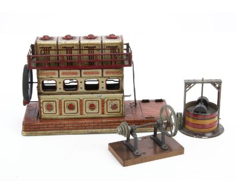 An Orobr 1930s tinplate wire clockwork 4-cylinder internal combustion Marine style engine and steam accessories, Marine Engin