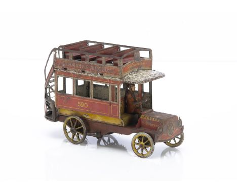 Lehmann Germany tinplate clockwork 590 Double Deck Autobus with open upper deck, in red and yellow, Driver in tan, USA Patent