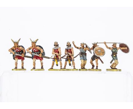 Elastolin 70mm scale plastic Vikings, 1 spear broken but present, both archers bows damaged, 1 spear missing, 1 striding Viki