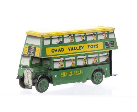Chad Valley 10'' tinplate clockwork Double Deck Greenline bus with lift up lid, in green with yellow roof, Route 721 Aldgate 