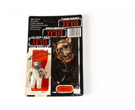Vintage Star Wars Last 17 Warok Action Figure, with original hood, bow, quiver and ROTJ tri-logo 70D cardback, Clipper sticke