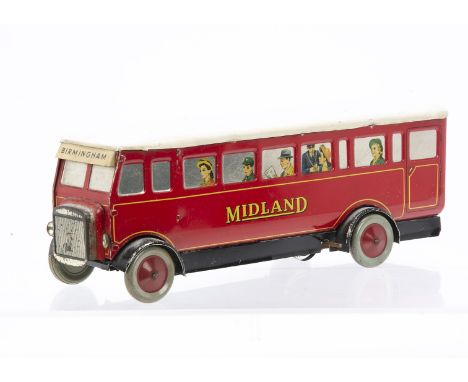 Chad Valley 12'' Aluminium clockwork Midland Red single deck bus, in red with white roof, Birmingham on front, number plate C