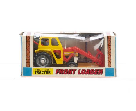 Britains boxed 9572 Massey Ferguson 135 Tractor with Front Loader, VG in G box with tear to cellophane and slightly dirty,  