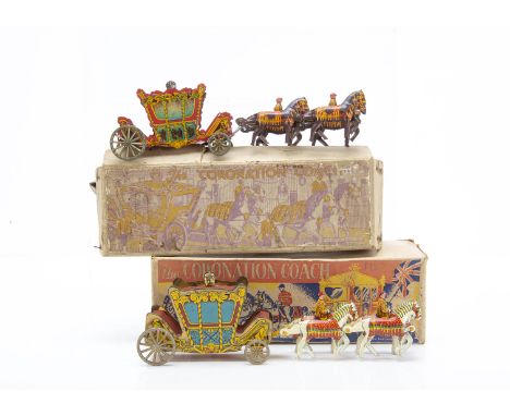 A pair of  Wells Brimtoy style tinplate 1937 and 1953 Coronation Coaches,  1937 in red and gold with brown horses, 1953 in bl