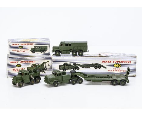 Military Dinky Supertoys, 660 Tank Transporter, 689 Medium Artillery Tractor, 661 Recovery Tractor, in original boxes with in