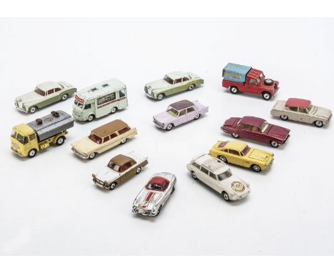 Playworn Corgi Toys, including 224 Bentley Continental Saloon (2), 219 Plymouth Sport Suburban, 218 Aston Martin DB4, 238 Jag