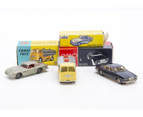 Solido 130 Aston Martin DB5 Vantage, metallic light gold body, red interior, wire wheels, Corgi Toys 460 Neville Cement Tippe