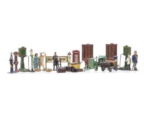 Early Diecast and Street Furniture, including Morestone Compressor with drawbar, in pale green, G-VG, with figures and street