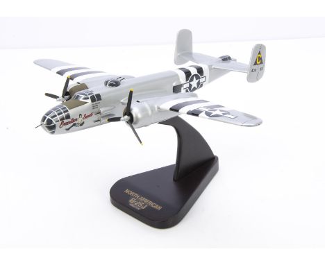 Model of a WWII USAF B-25J Executive Sweet, a painted wooden model of USAF B25J 1:18 scale on ebonised wooden stand, some wea