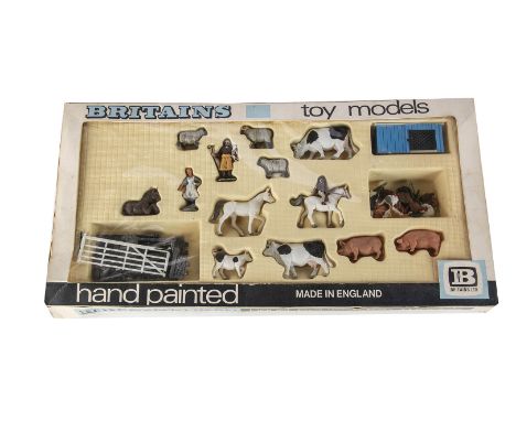 Britains boxed plastic set 7559 Britains Farm Models containing animals, Herald chickens, coup and field gate, cows and horse
