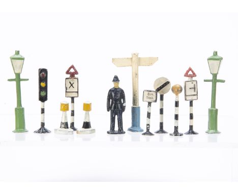 A small selection of unusual solid lead street furniture with a policeman figure in Britains 1/32 scale,  unmarked, VG, (12),