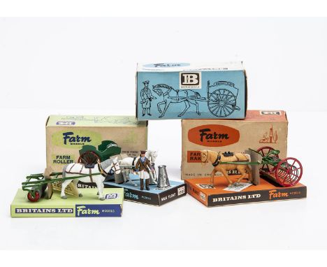 Boxed Britains last version carts, diecast with plastic figures, comprising 9503 Milk Float,  9504 Farm Roller and 9506 Farm 