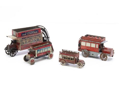 Four German and English tinplate Double Deck Buses with open upper decks in need of attention, Made in England Minerva Series