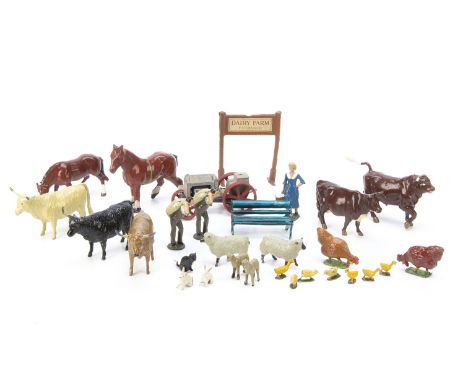 A selection of better condition or unusual lead farm animals mainly by Britains but also Hill comprising DAIRY FARM entrance 