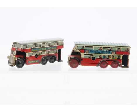 Two Wells of London Pocketoy six-wheel half cab Double Deck clockwork Buses, one with Brimtoy Pocket Series ads, black wheels
