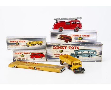 Dinky Toy Commercial Vehicles, 982 Pullmore Car Transporter with Loading Ramp, light blue cab and trailer, 955 Fire Engine, 9